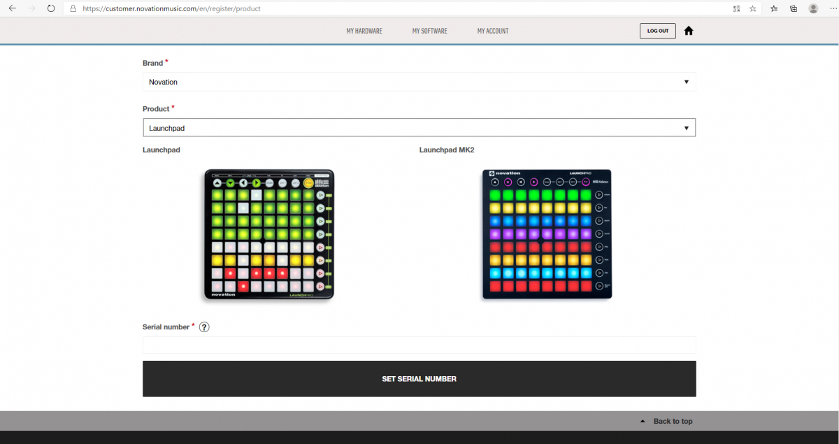▲런치패드 정품 등록 화면. 노베이션 홈페이지에 가입한 뒤 개인 설정 화면에서 제품 하단에 적힌 시리얼 번호를 입력해 정품 등록을 할 수 있다. 제품을 등록하면 기본 제공 프로그램(에이블톤 라이브 라이트 버전)을 사용할 수 있다. (출처=노베이션 홈페이지 캡처)
