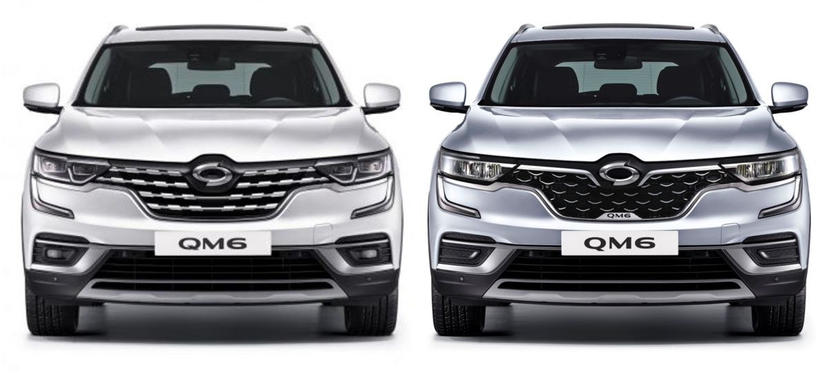 ▲QM6 기존 모델(왼쪽)과 뉴 QM6(오른쪽). 전면부 크롬 라디에이터 그릴을 그물 형태로 바꿨다. 기존 모델은 직선 형태의 크롬 그릴이 수평으로 놓인 모습이다. 새로 적용한 그릴은 보기에 따라 반짝거리며 단조로움을 덜었다. (사진제공=르노삼성)