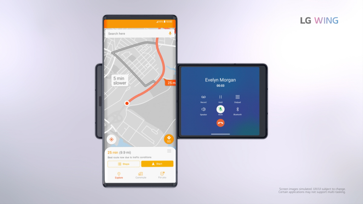 ▲LG 윙 듀얼 디스플레이를 통해 전화와 네비게이션 기능을 동시에 사용하는 모습.  (사진제공=LG전자)