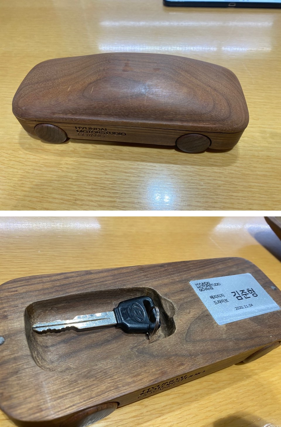 ▲고객을 대상으로 한 헤리티지 이벤트는 작은 선물을 받으면서 시작한다. 정갈한 목재 케이스를 열면 시승하게 될 올드카의 시동키와 시승일자, 이름 등을 미리 준비해 준다. (김준형 기자 junior@)