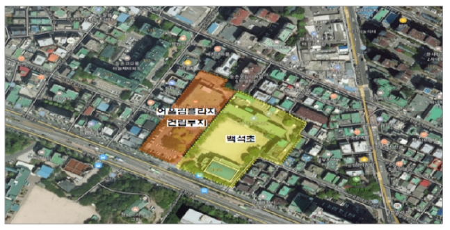 ▲서울 강서구 등촌동 어울림 플라자 부지와 인근 백석초등학교.  (제공=서울시교육청)