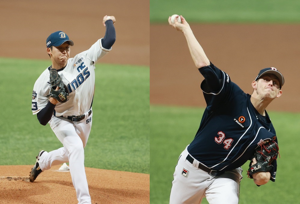 ▲NC 구창모(왼쪽)과 두산 플렉센이 한국시리즈 5차전 선발투수로 나선다.  (연합뉴스)