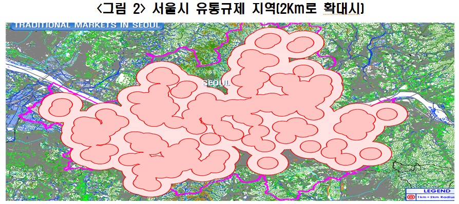 ▲'전통시장 반경 2㎞' 규제 확대 시 규제 지역 분포 예상도 (출처=전경련)