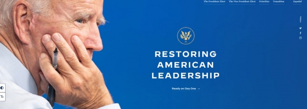 ▲조 바이든 미국 대통령 당선인 정권 인수위원회 홈페이지 첫 화면에 바이든이 턱을 괴고 생각에 잠겨 있는 사진과 함께 ‘미국의 리더십 회복’이라는 문구가 띄어져 있다. 출처 바이든 인수위 웹사이트 캡처

