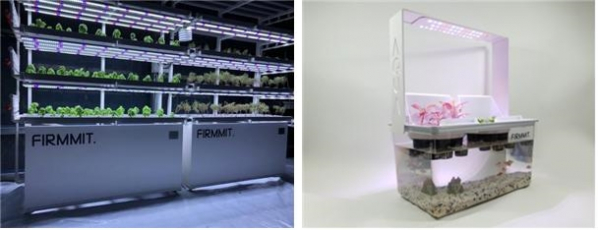 ▲퍼밋이 개발한 모듈형 식물공장(왼쪽)과 가정용 아쿠아포닉스 시스템. (사진제공=농림축산식품부)