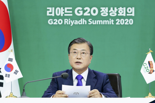▲문재인 대통령이 G20 이틀째인 22일 제2세션에서 의제발언을 하고 있다. (청와대 제공)
