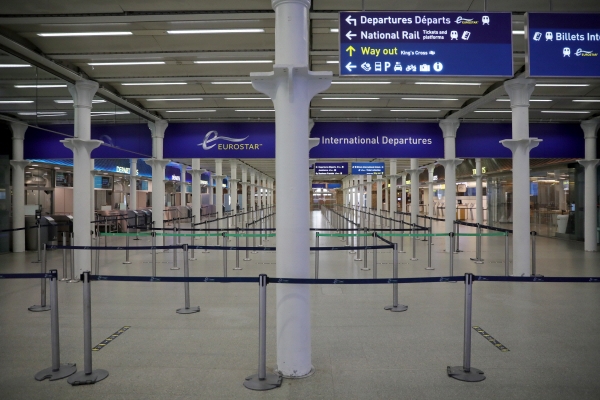 ▲5월 7일 영국 유로스타 터미널인 런던 세인트판크라스 역에 탑승객이 보이지 않고 있다. 런던/신화뉴시스
