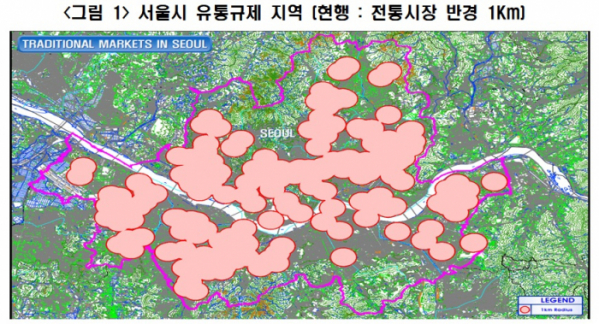 ▲현행 '전통시장 반경 1㎞' 규제 적용 시 규제 지역 분포도 (출처=전경련)