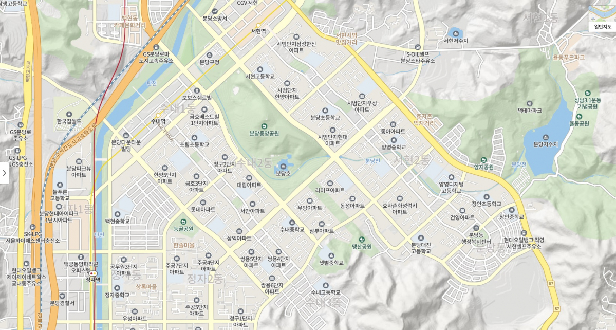 ▲분당신도시 서현동 시범단지 우성아파트 단지 위치도. (출처=네이버지도)