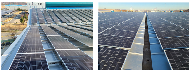 ▲한국토지주택공사(LH)가 10일 한국동서발전과 산업단지 내 태양광설비 보급 등 산업단지 그린 뉴딜 추진을 위한 업무협약을 체결했다. 사진은 지붕형 태양광 설비. (사진 제공=LH)