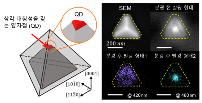 ▲수 나노미터 수준의 공간분해능을 갖는 주사전자현미경(SEM)을 이용해 실제로 제작된 단일 나노구조체의 발광특성을 실험적으로 측정한 데이터.  (카이스트 제공)