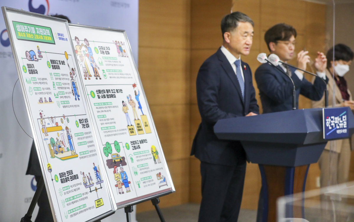 ▲박능후 보건복지부 장관이 15일 정부서울청사에서 '제4차 저출산·고령사회 기본계획(2021~2025년)'을 발표하고 있다. (사진제공=보건복지부)