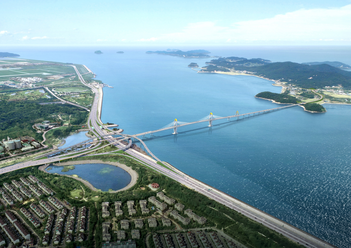 ▲한화건설이 21일 서해남북평화도로의 1단계 구간이자 인천 영종도와 신도를 잇는 영종~신도 평화도로 공사를 수주했다. 영종~신도 평화도로 조감도.  (자료 제공=한화건설)