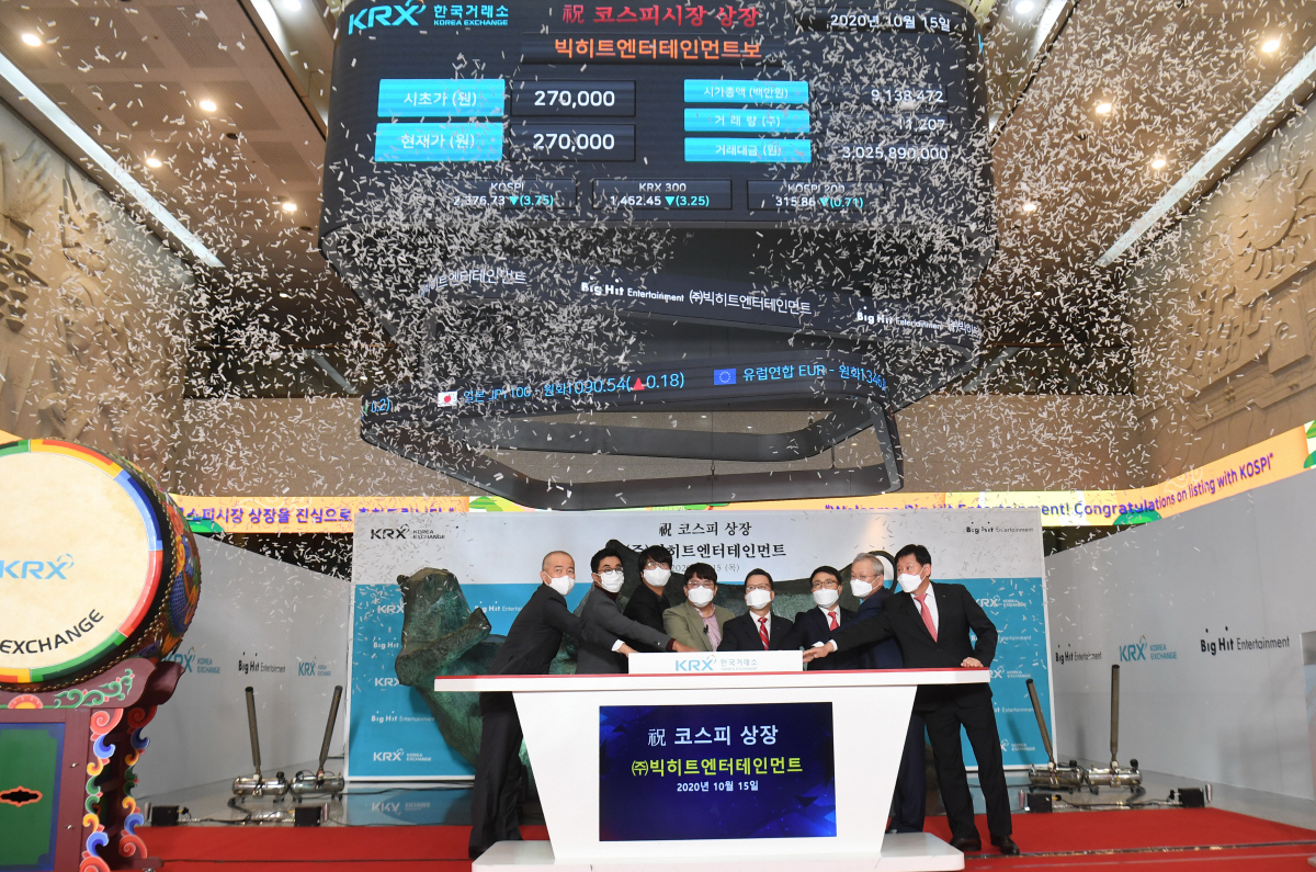 ▲빅히트엔터테인먼트 코스피 상장 첫날인 15일 서울 여의도 한국거래소 1층 로비에서 빅히트의 상장 기념식이 열리고 있다. (왼쪽부터) 박태진 제이피모간 서울지점 대표이사, 박지원 빅히트 엔터테인먼트 HQ CEO, 윤석준 빅히트 엔터테인먼트 Global CEO, 방시혁 빅히트 엔터테인먼트 의장, 정지원 한국거래소 이사장, 임재준 한국거래소 유가증권시장본부장, 정영채 NH투자증권 대표이사, 라성채 한국거래소 유가증권시장본부장보/2020.10.15. 사진공동취재단
