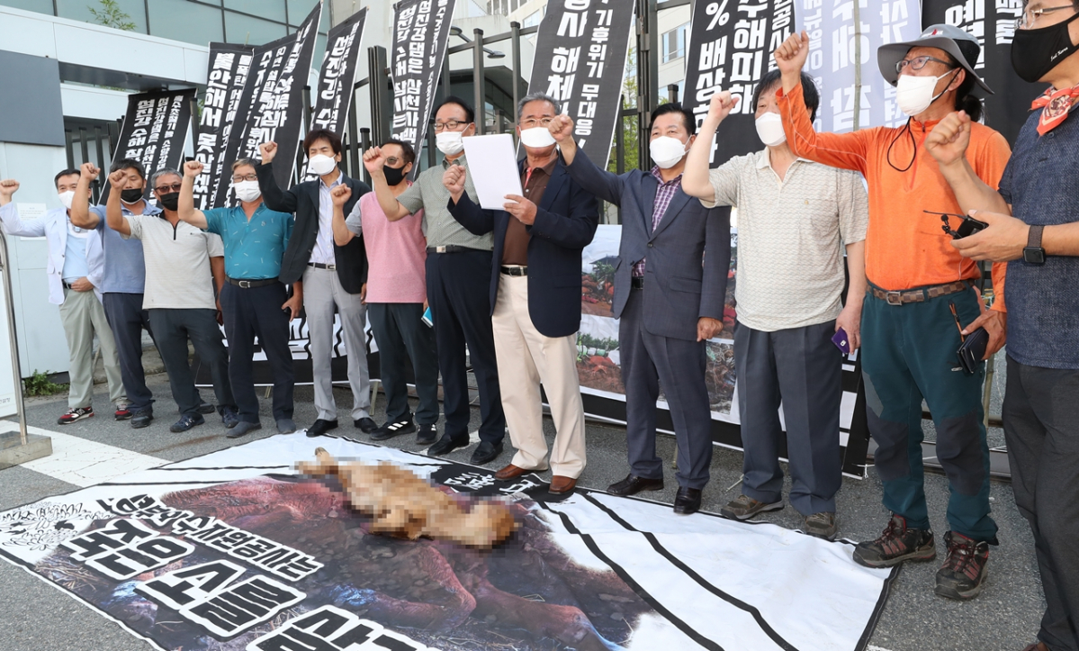 ▲2020 섬진강유역 수해피해 대책위원회 구례, 광양, 곡성, 남원, 순창, 임실, 하동 등 7개 지역 주민들이 정부세종청사 환경부 앞에서 폐사한 송아지를 앞에 두고 피해자들을 향한 사과와 피해 배상, 환경부 장관 면담 등을 촉구하고 있다. (뉴시스)