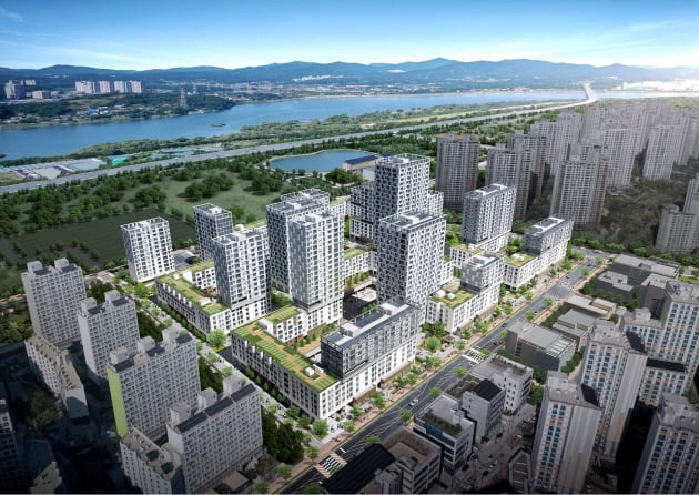 ▲현대건설과 계룡건설이 서울 강동구 고덕강일지구에서 분양 중인 ‘힐스테이트리슈빌강일’ 아파트 조감도.