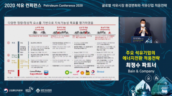 ▲최정수 Bain & Company 파트너가 '2020 석유 콘퍼런스'에서 발표하고 있다.