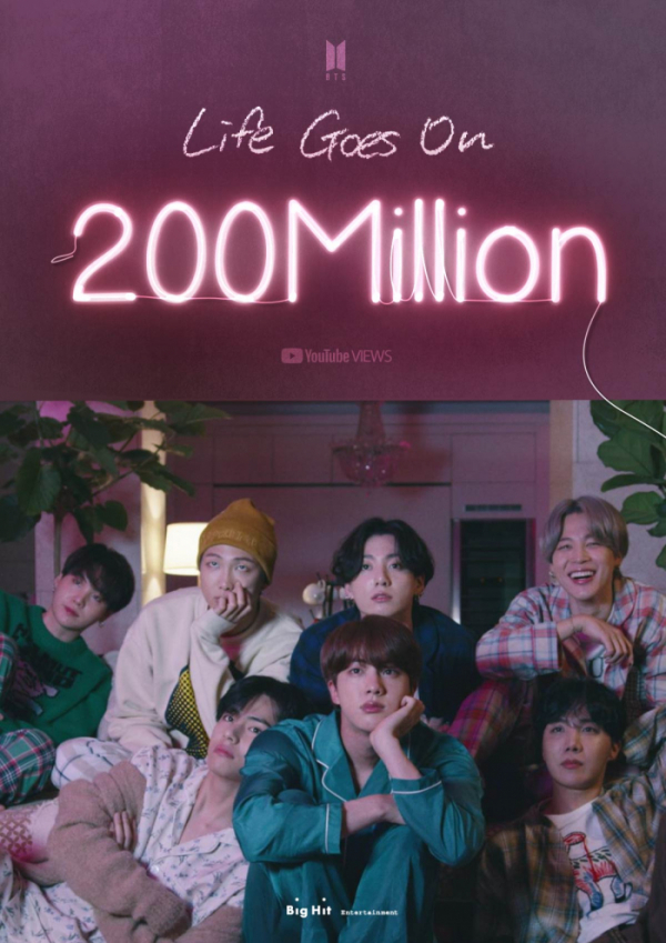 ▲방탄소년단 ‘Life Goes On’ 뮤직비디오 2억뷰 이미지(사진제공=빅히트 엔터테인먼트)