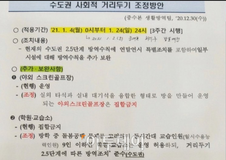▲온라인에 떠돌고 있는 정부의 '수도권 사회적 거리두기 조정방안' 내용. (사진=온라인 커뮤니티 갈무리)