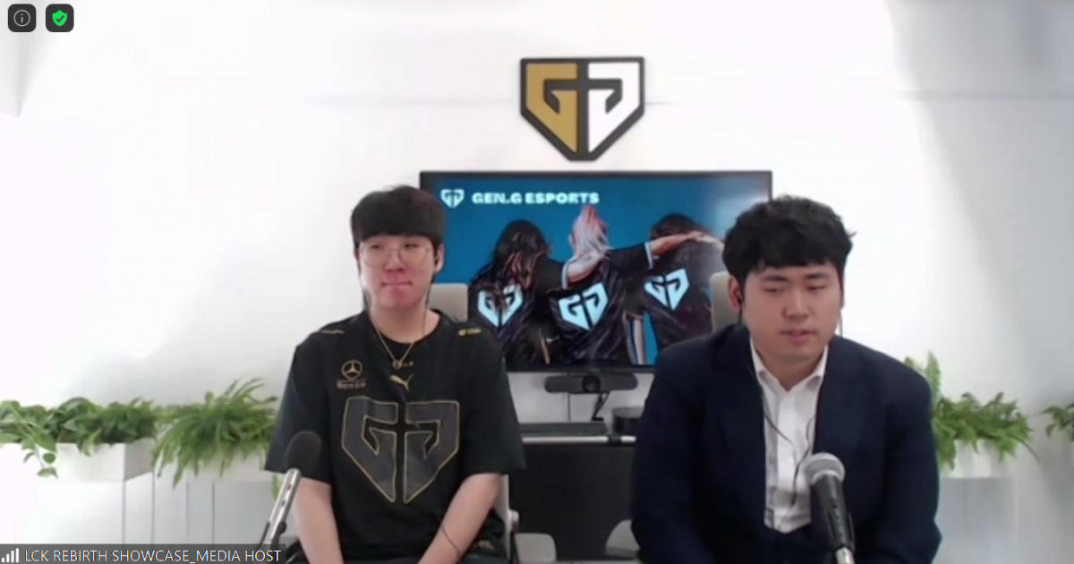 ▲'2021 LCK 스프링 미디어데이'에 참석한 젠지의 룰러 선수(왼쪽)와 주영달 감독이다. (사진=줌(ZOOM) 화면 캡쳐)