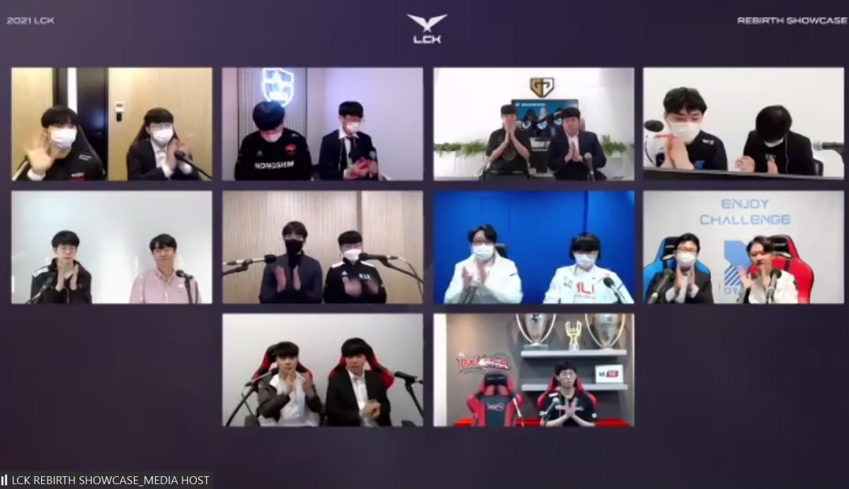 ▲'2021 LCK 스프링 미디어데이'에 참석한 10개 구단의 감독과 선수들의 모습이다. (사진=줌(ZOOM) 화면 캡쳐)