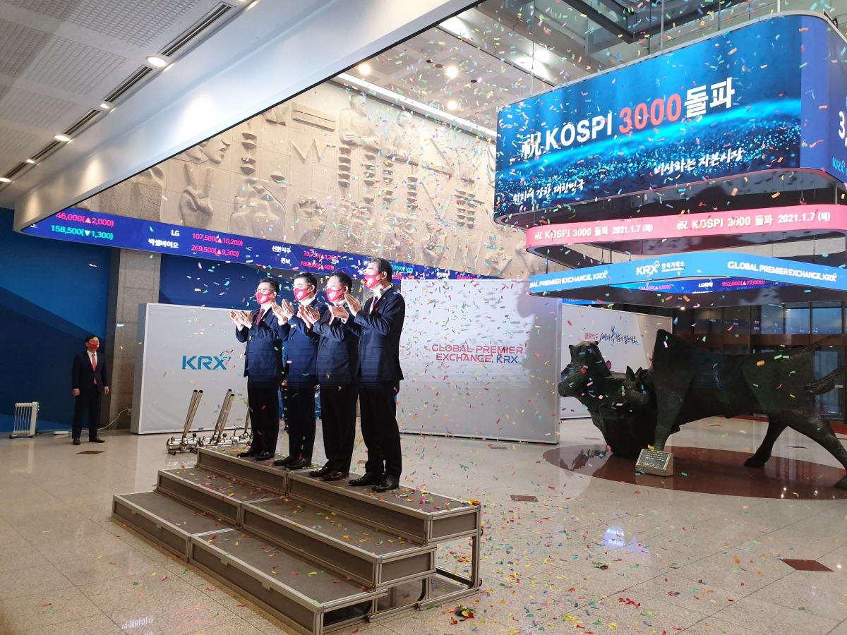 ▲7일 코스피 지수는 전 거래일보다 63.47포인트(2.14%) 상승한 3031.68에 장을 마감했다. 코스피가 종가 기준 3000선에 마감한 것은 이번이 처음이다. (구성헌 기자 )