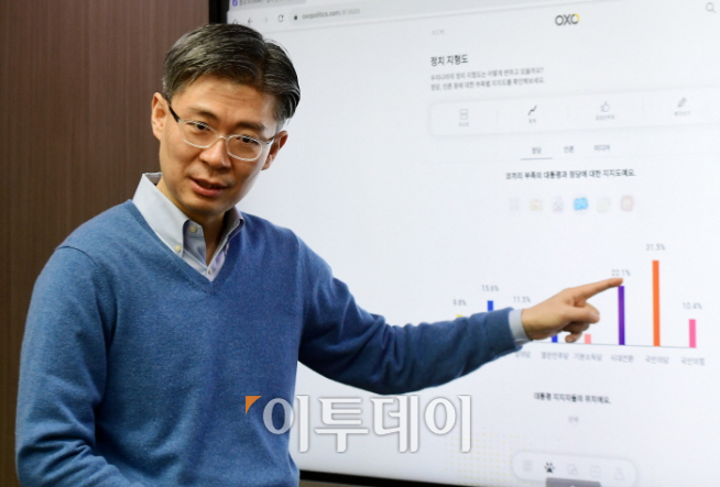 ▲조정훈 시대전환 의원이 6일 서울 여의도 국회 의원회관에서 이투데이와 인터뷰에서 정치 지형도를 통해 시대전환 지지도를 설명하고 있다. 이념별로는 중도층이 시대전환에 다소 몰려있다. 고이란 기자 photoeran@