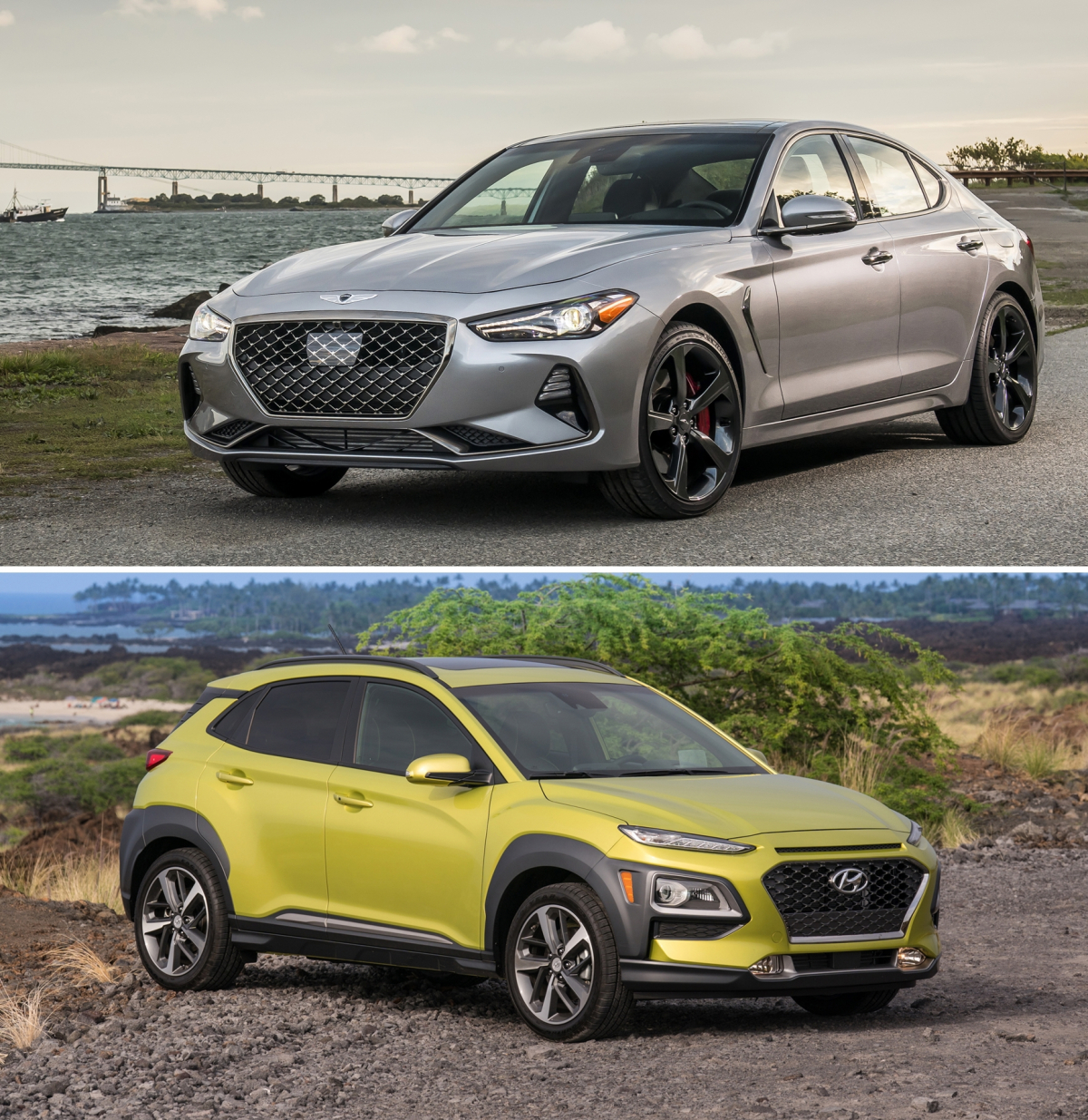 ▲2019년 당시 북미 올해의 차는 제네시스 G70(사진 위)이 승용차 부문을, 현대차 코나(아래)가 SUV 부문을 석권했다. 이듬해인 지난해 '텔루라이드'가 선정되면서 기아차 최초 수상이라는 기록을 세웠다. (사진제공=제네시스/현대차)