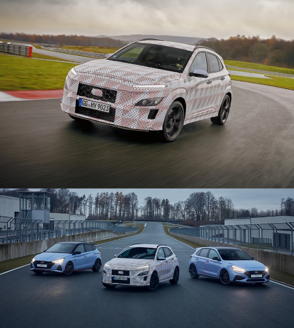 ▲현대차가 소형 SUV 코나를 밑그림으로 한 고성능 N버전 출시를 공식화했다. 사진 왼쪽부터 i20 N, 코나 N, i30 N의 모습. (사진제공=현대차)