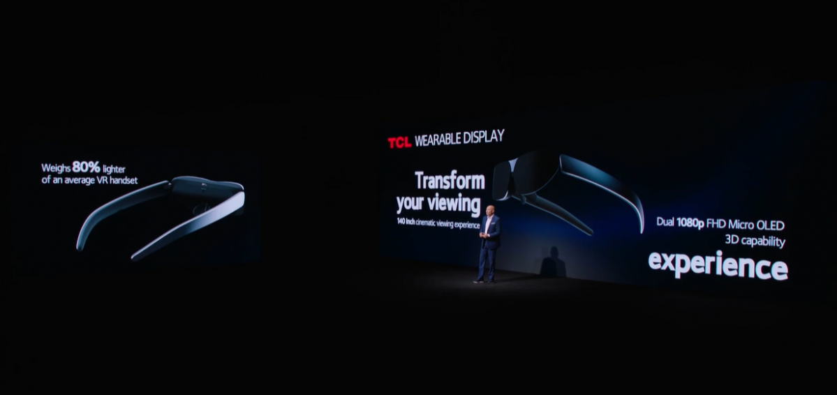 ▲TCL이 CES 2021 프레스 컨퍼런스에서 웨어러블 글래스를 선보였다.  (TCL CES 프레스컨퍼런스 캡쳐.)