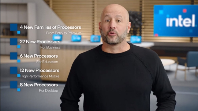 ▲그레고리 브라이언트 인텔 총괄 수석 부사장이 CES2021 기조연설에서 새로운 제품군을 소개하고 있다. (사진제공=인텔)