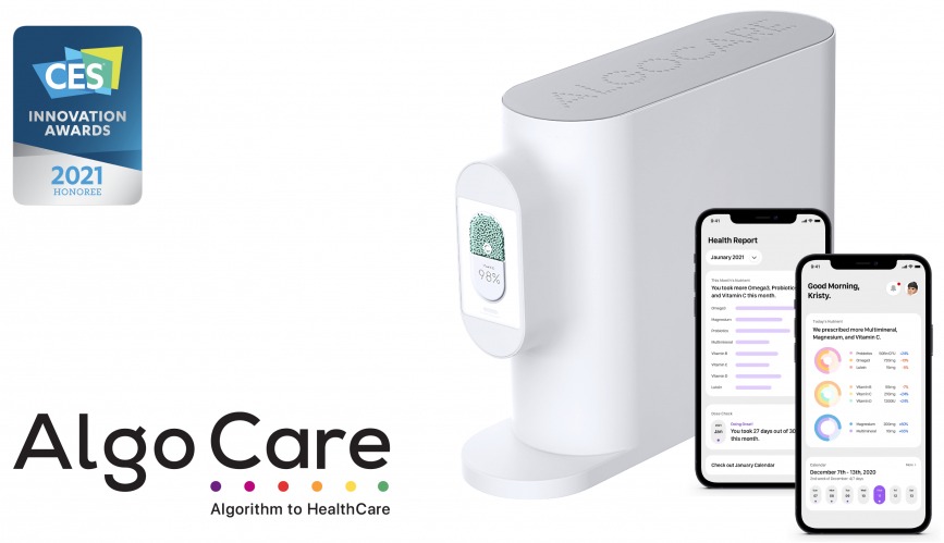 ▲건강상태에 맞는 개인맞춤형 영양제를 실시간으로 배합해 제공하는 알고케어 솔루션은 CES 2021에서 혁신상을 받았다.  (사진제공=알고케어)
