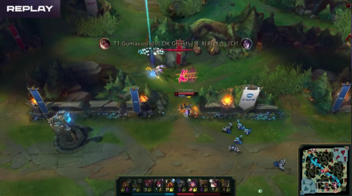 ▲구마유시의 사미라가 경기 내내 바텀 우위를 가져갔다. 구마유시가 고스트에게 킬을 가져가는 모습. (사진=LCK 트위치 캡쳐)