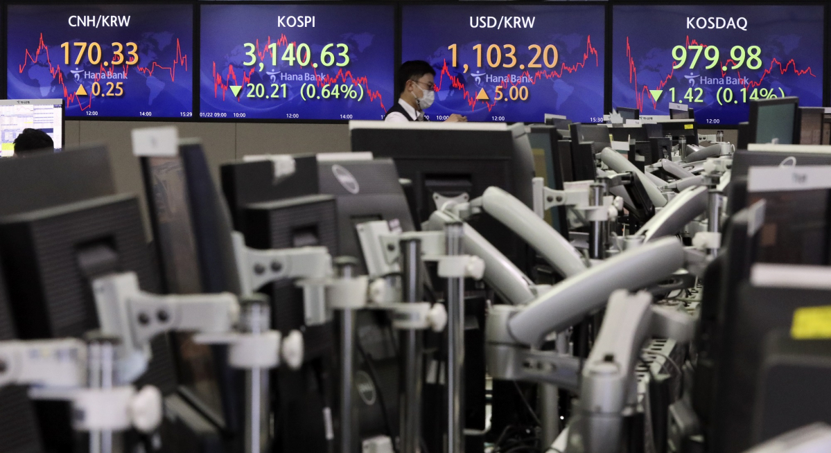 ▲코스피가 전 거래일(3160.84)보다 20.21포인트(0.64%) 내린 3140.63에 마감한 22일 오후 서울 중구 명동 하나은행 딜링룸에서 딜러가 업무를 보고 있다. 코스닥은 전 거래일(981.40)보다 1.42포인트(0.14%) 내린 979.97에 마감, 서울 외환시장에서 원·달러 환율은 전 거래일(1098.2원)보다 5원 오른 1103.2원에 마감했다. (뉴시스)