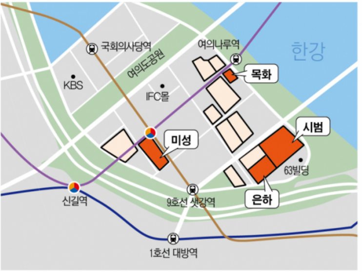 ▲서울 여의도 목화아파트 및 주변 단지 위치도.   