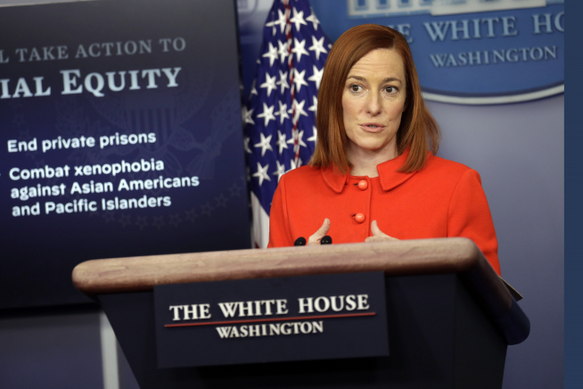 ▲젠 사키 백악관 대변인이 26일(현지시간) 워싱턴D.C. 백악관 기자회견실에서 정례 브리핑을 진행하고 있다. 워싱턴D.C./UPI연합뉴스