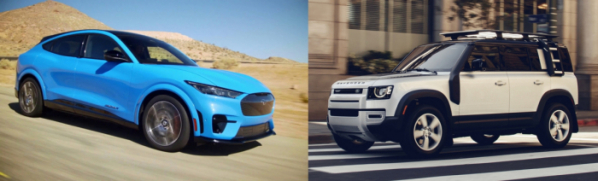▲제네시스 GV80이 경쟁 중인 SUV 부문은 경쟁이 치열하다. 포드 머스탱 브랜드 마하-E(왼쪽)가 후보에 이름을 올렸고, 랜드로버의 아이콘인 디펜더(오른쪽) 등 3종이 경쟁 중이다.  (출처=뉴스프레스UK)