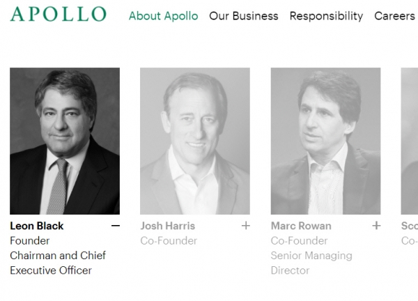 ▲레온 블랙(왼쪽) 아폴로 CEO. 출처 아폴로글로벌매니지먼트 홈페이지
