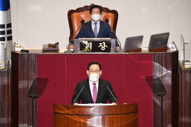 ▲국민의힘 주호영 원내대표가 3일 오전 서울 여의도 국회에서 열린 본회의에서 교섭단체대표연설을 하고 있다. (연합뉴스)