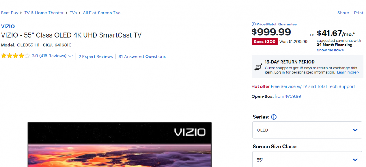 ▲미국 비지오의 55인치 OLED TV가 999.99달러에 팔리고 있다. (베스트바이 캡쳐)