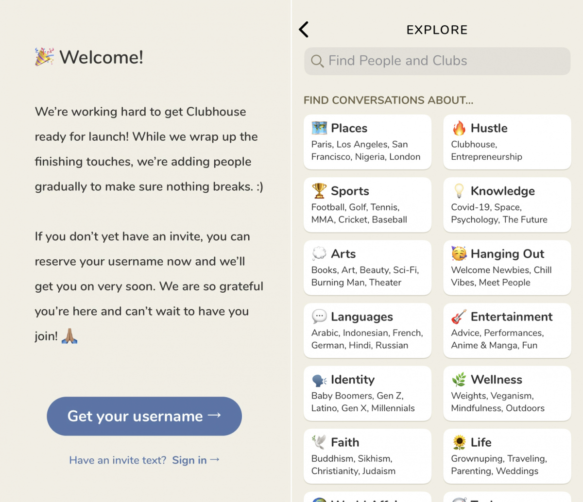 ▲클럽하우스 가입을 환영하는 첫 화면(왼쪽)과 관심사 화면. 지역, 친목, 스포츠 등 원하는 다양한 주제에 대해 다양한 대화를 나눌 수 있다. (출처=클럽하우스 캡처)