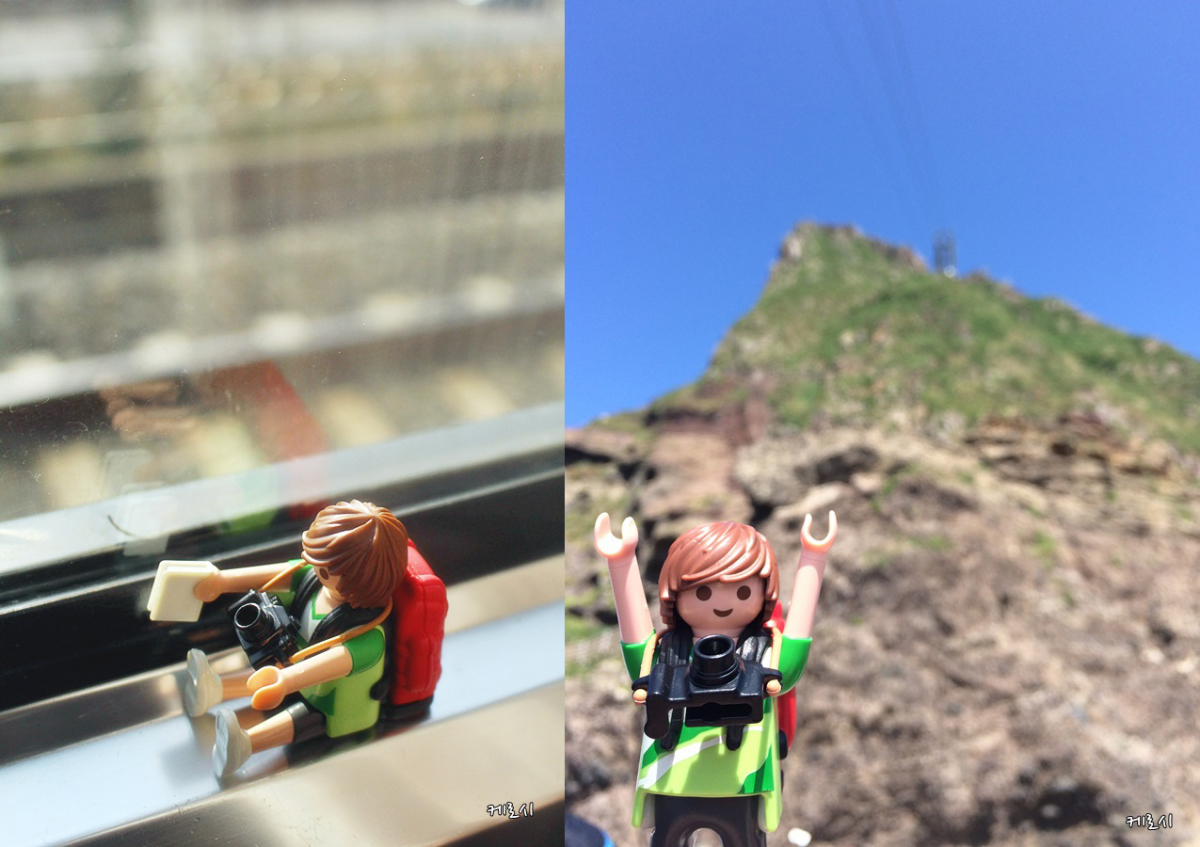 ▲지연 씨가 플레이모빌 '팀'과 함께 기차 여행을 떠난 사진(왼쪽)과 독도 여행 사진. (사진제공=홍지연)