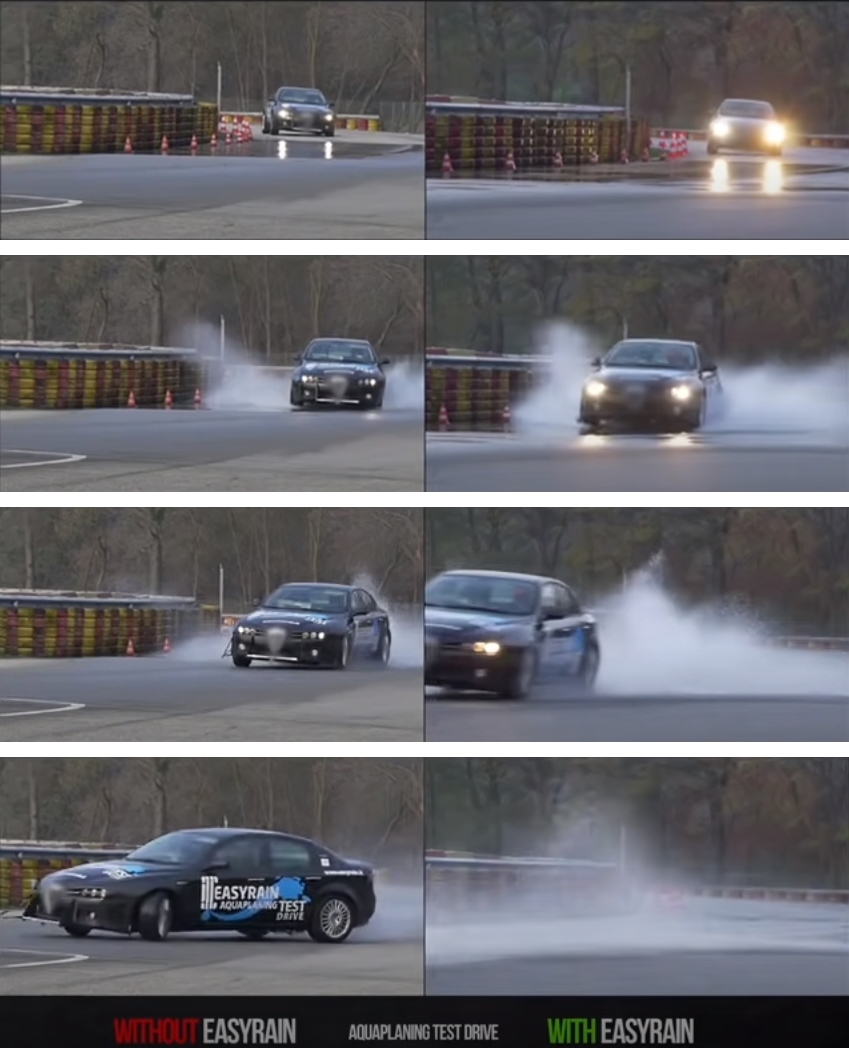 ▲이태리 자동차 부품사가 수막현상으로 인한 교통사고를 예방할 수 있는 새 시스템을 개발했다. 사진 왼쪽이 수막현상 탓에 차체가 미끄러지는 모습, 오른쪽은 이 시스템을 활용해 고인물을 안전하게 통과하는 모습이다. (출처=이지레인(이탈리아))