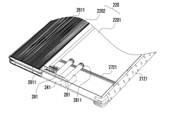 ▲삼성전자가 지난해 3월 출원한 듀얼 슬라이드형 전자장치 특허 내 이미지. 두 개의 기어를 통해 화면을 양 방향으로 늘릴 수 있다.  (사진출처=삼성전자 특허 문서)