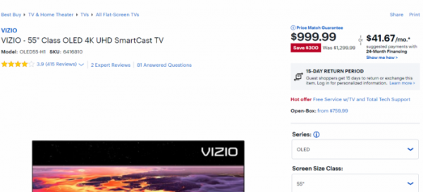 ▲미국 비지오의 55인치 OLED TV가 999.99달러에 팔리고 있다. (베스트바이 캡쳐)