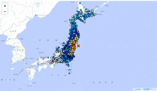 ▲13일 오후 11시 8분께 일본 후쿠시마(福島)현 앞바다에서 규모 7.1로 추정되는 강한 지진이 발생했다. (사진출처=일본 기상청 홈페이지 캡처)