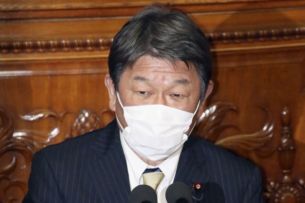▲모테기 도시미쓰 일본 외무상이 지난달 18일 일본 의회에 참석해 연설하고 있다. 도쿄/AP뉴시스
