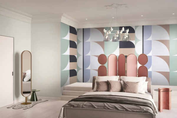 ▲'LG지인 벽지 베스띠' 제품의 컬러블록 패턴이 적용된 침실 공간 (사진=LG하우시스)