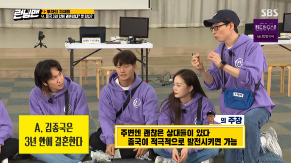 ▲김종국 나이 46세, 3년 안에 결혼할 수 있을까 토론(사진=SBS 방송화면 캡처)