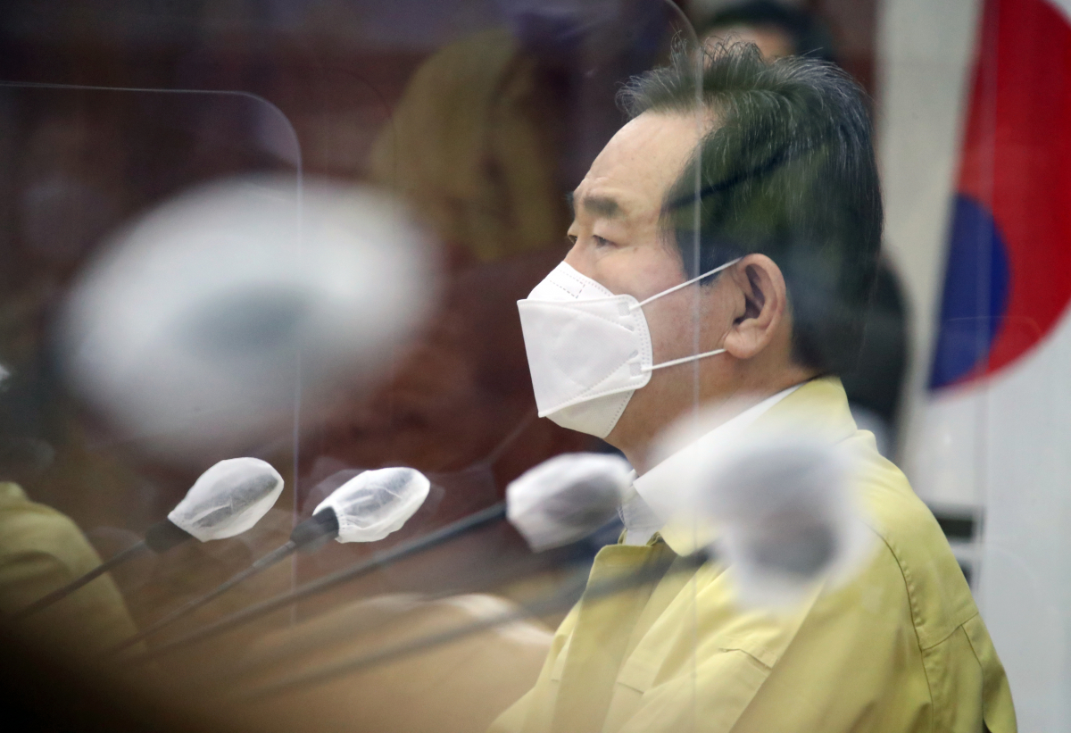 ▲정세균 국무총리가코로나19 대응 중앙재난안전대책본부 회의에서 발언하고 있는 모습. (연합뉴수)